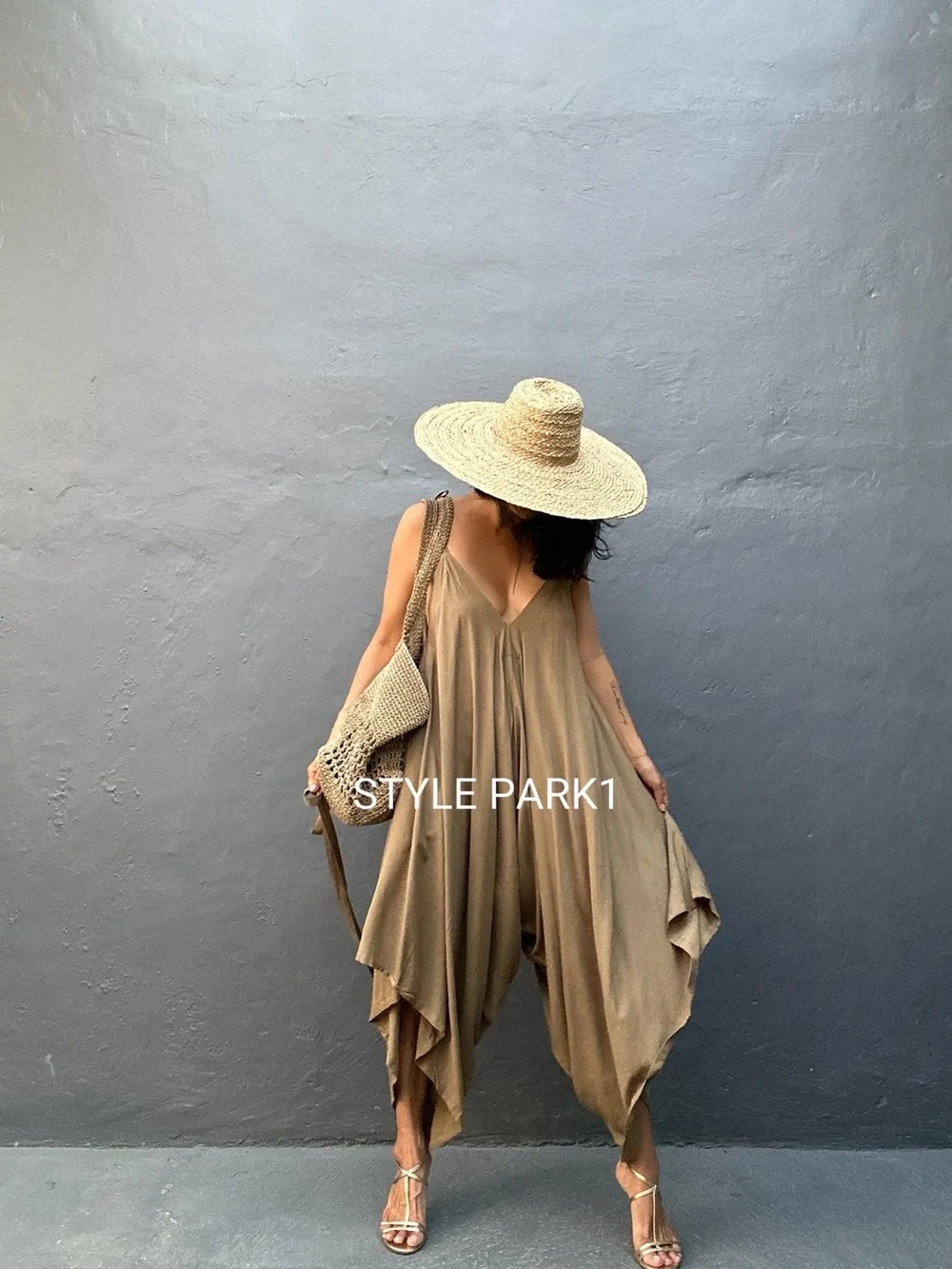 Umgee Taupe Flowing Draped Jumpsuit with Decorative Straps